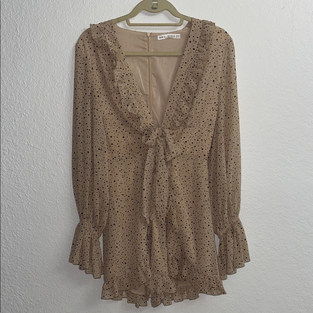 Elegant Tan Polka Dot Ruffle Dress